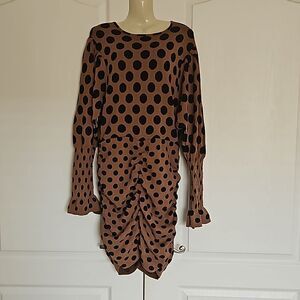Zara Women's Polka Dot Ruffled Long Sleeves Midi Sweater Dress Medium Brown